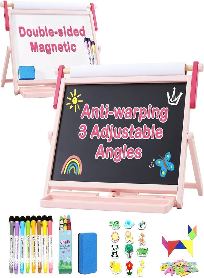 FUNLIO Double-Sided Tabletop Easel for Kids Ages 3+ (100+ Pcs), Wooden Magnetic Table Easel with 3 Adjustable Angles, Kids Easel with Whiteboard, Chalkboard & Paper Roll, Foldable&Anti-Warping - Pink - Image 1